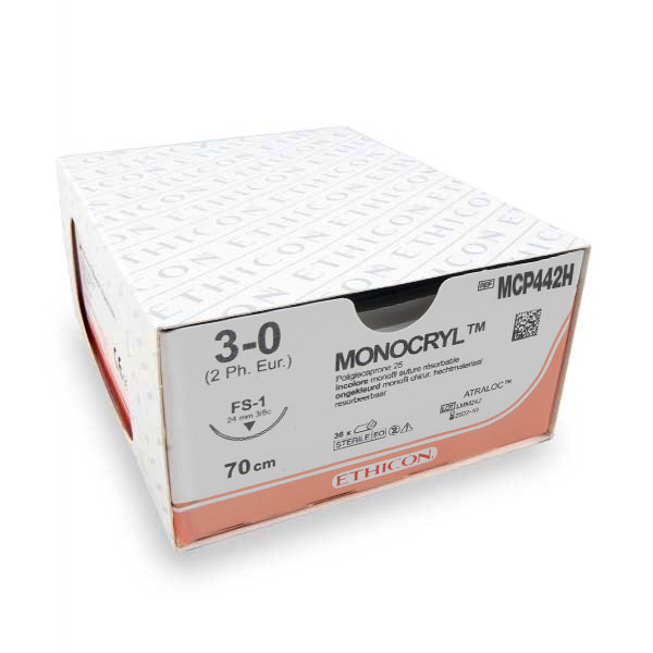 Nahtmaterial Monocryl Plus (MCP442H, 3-0, FS-1 Nadel, 70 cm) 36 Stück | Ethicon