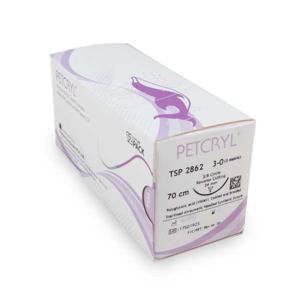 Nahtmaterial PGA (3/8 Circle Reversed Cutting, 24 mm, 76 cm, 3-0) 12 Stück | Petcryl®