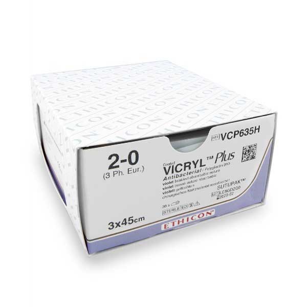 Nahtmaterial Vicryl Plus (VCP635H, 2-0, 3 x 45 cm, ohne Nadel) 36 Stück | Ethicon